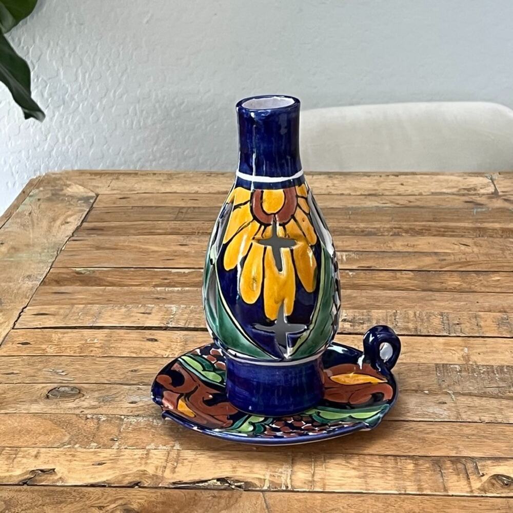 Mexican Talavera Chamberstick Candle Holder 2 Piece 9" Tall Handcrafted Floral